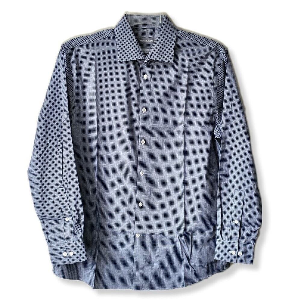 Men Michael Kors Blue White Birdseye No Iron Shirt 16 Office Preppy Classic